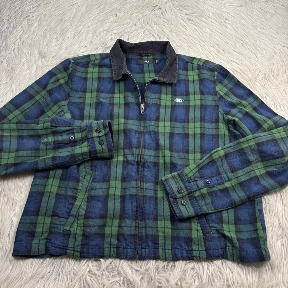 OBEY Women's M Green Blue Plaid Zip Front Shirt Jacket Workwear Streetwear Urban